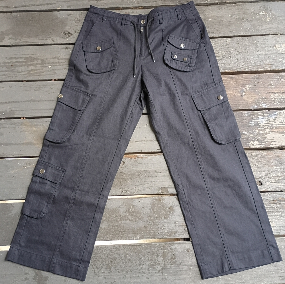 Black Wide Leg Cargo Mid-weight Denim Drawstring Snap Buttons Pants 9 Pockets